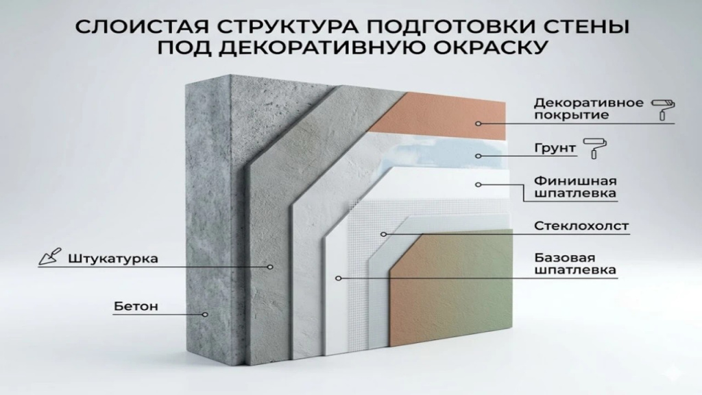 Схема слоев правильной подготовки стены под декоративную штукатурку