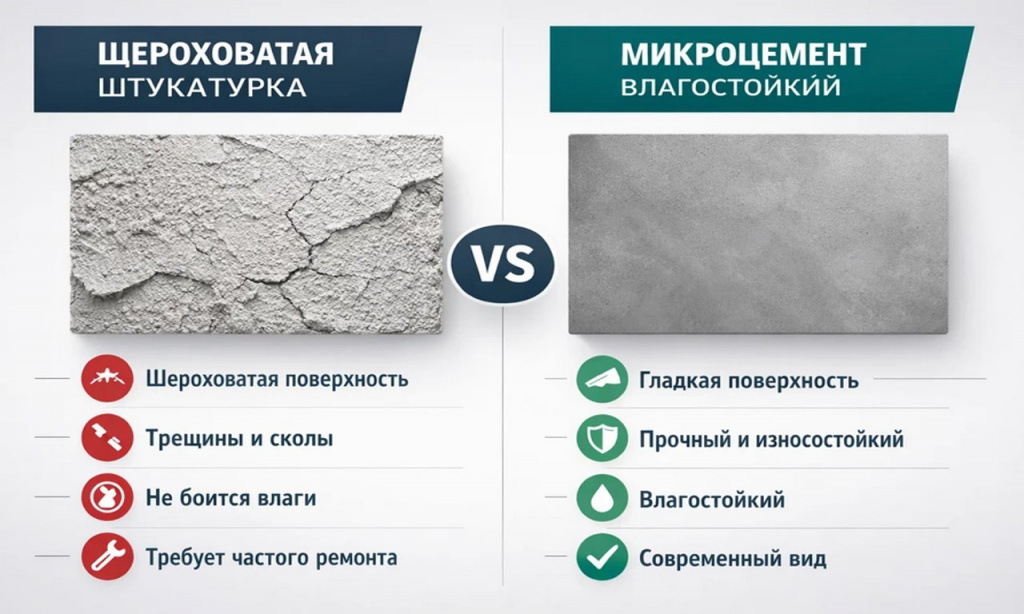 Инфографика сравнения характеристик фактурной штукатурки и влагостойкого микроцемента.
