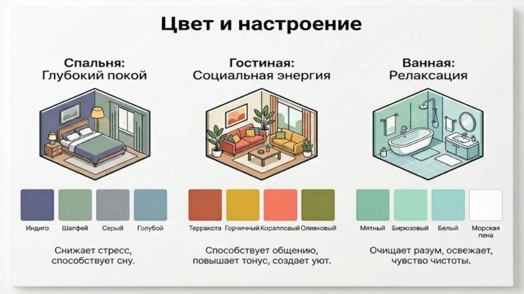 Инфографика: влияние цвета декоративных покрытий на атмосферу зон дома.