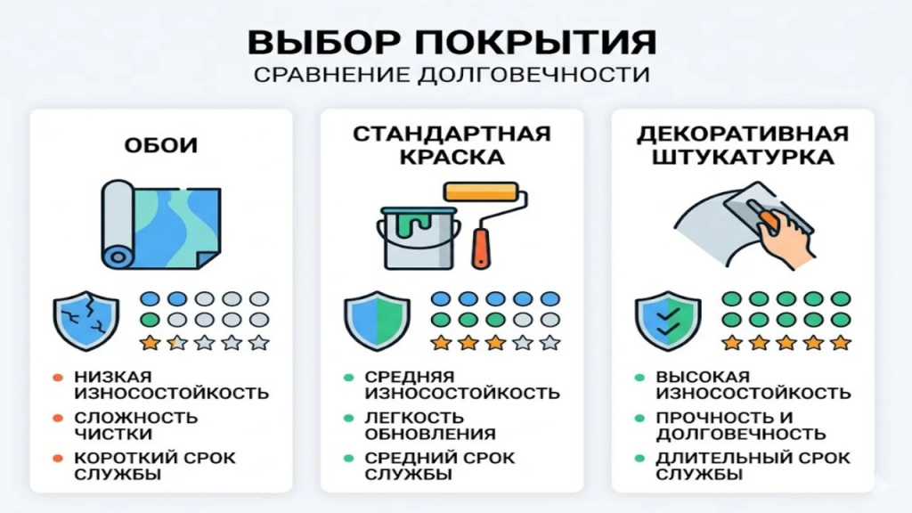 Инфографика: сравнение срока службы обоев, краски и декоративной штукатурки