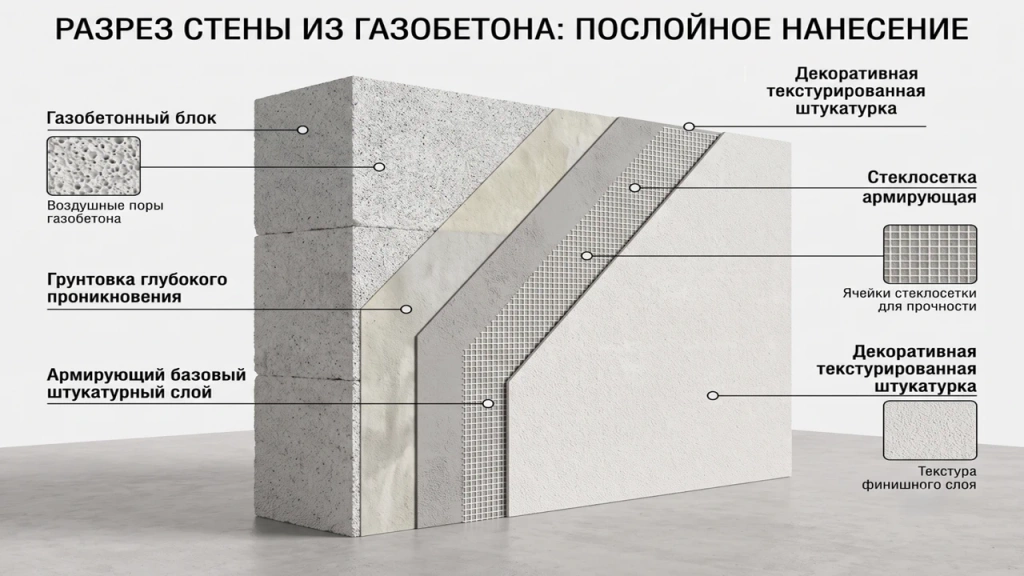 Схема нанесения штукатурки на газобетон внутри помещения