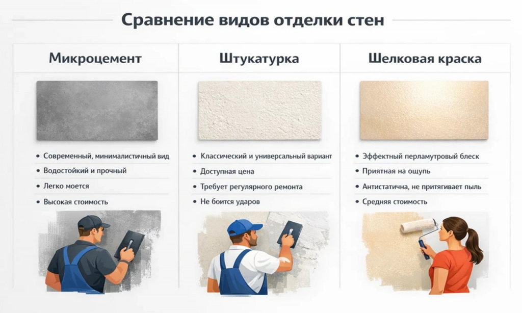 Инфографика сравнения характеристик декоративных покрытий: микроцемент, штукатурка, краска.